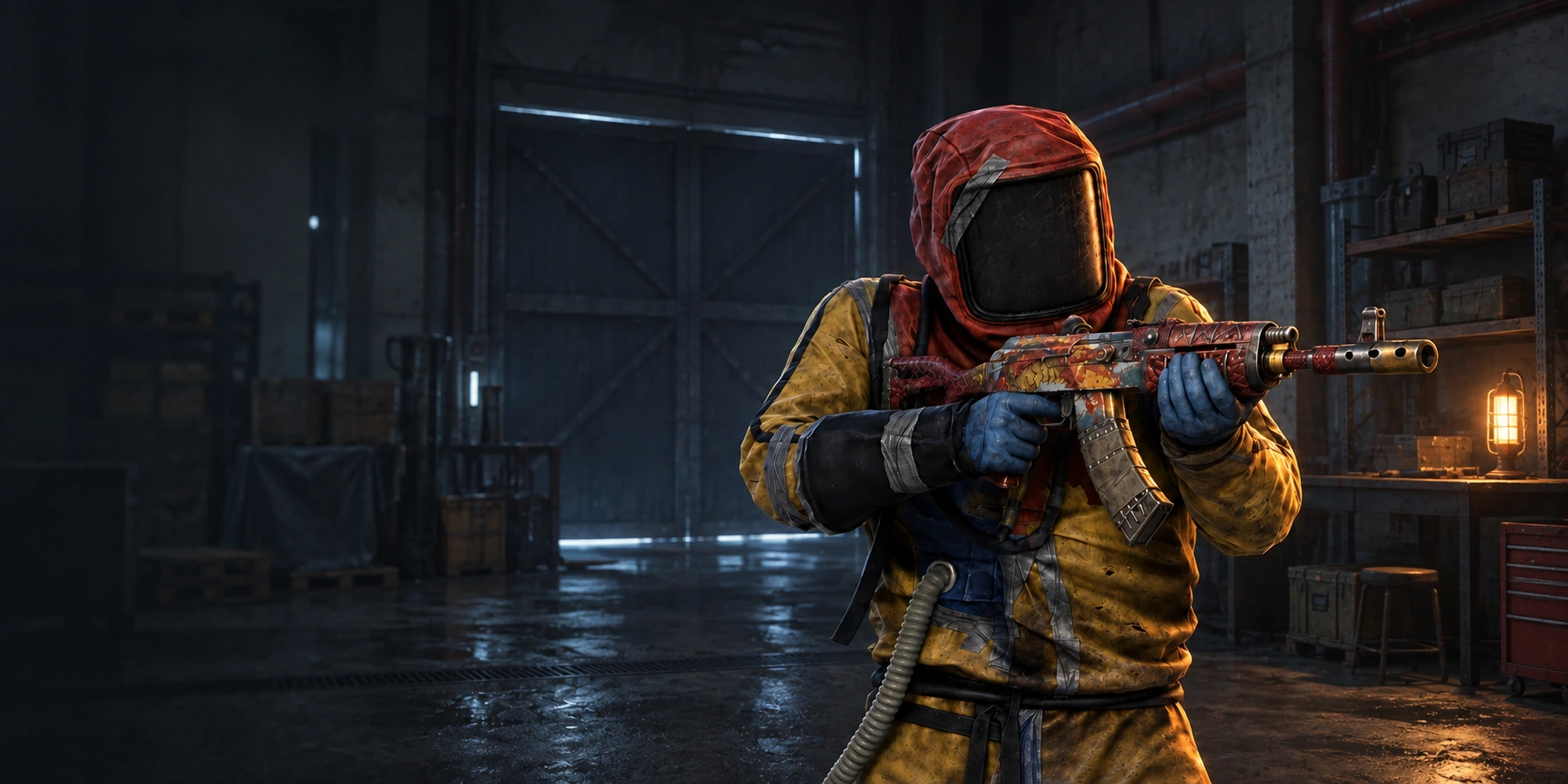 Персонаж Rust в защитном костюме со скином Golden Drake AK47 в руках